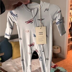 Kyte BABY Airplane Print Footie - Light Blue and Red